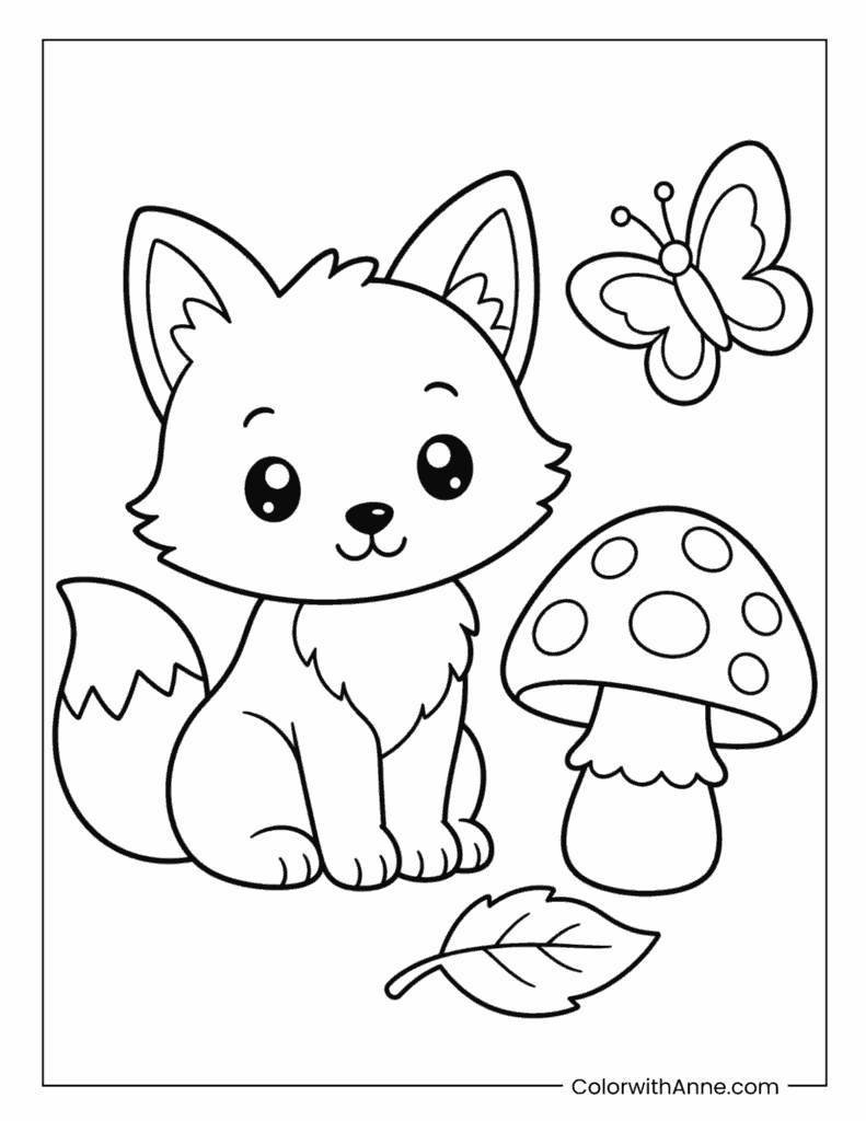 Cute Fox and Mushroom Coloring Page