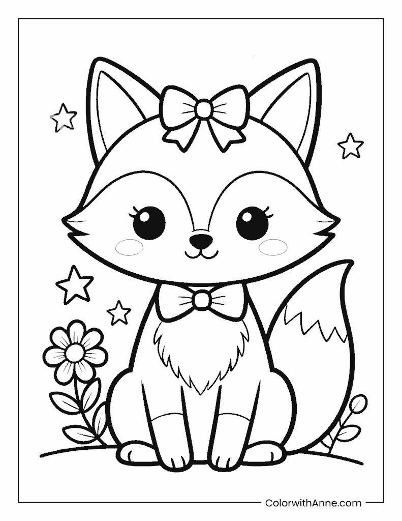 Cute Fox with a Big Bow Sitting Coloring Page