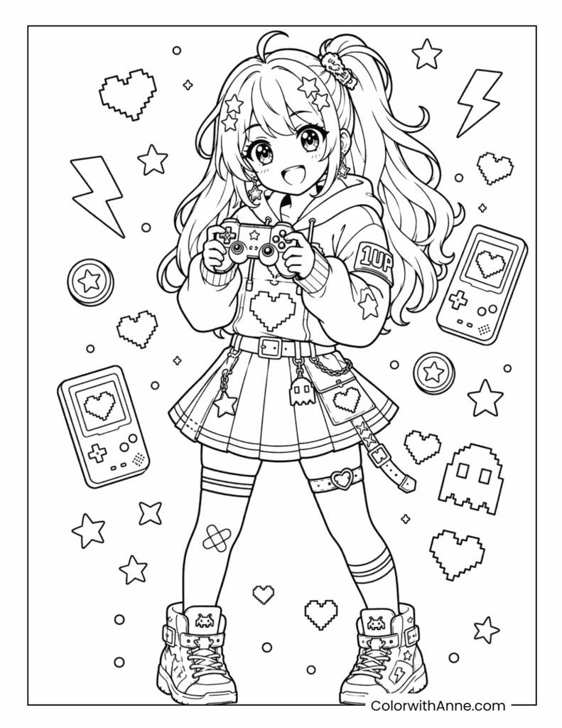 Cute Gamer Anime Girl Coloring Page