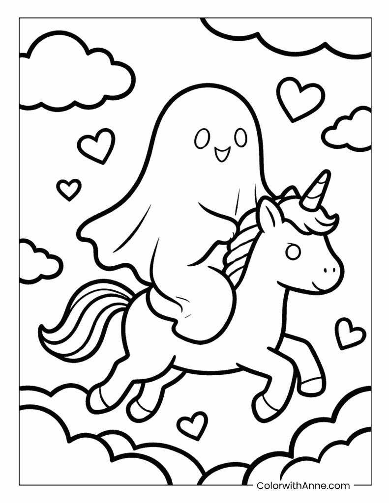 Cute Ghost Riding a Unicorn Coloring Page