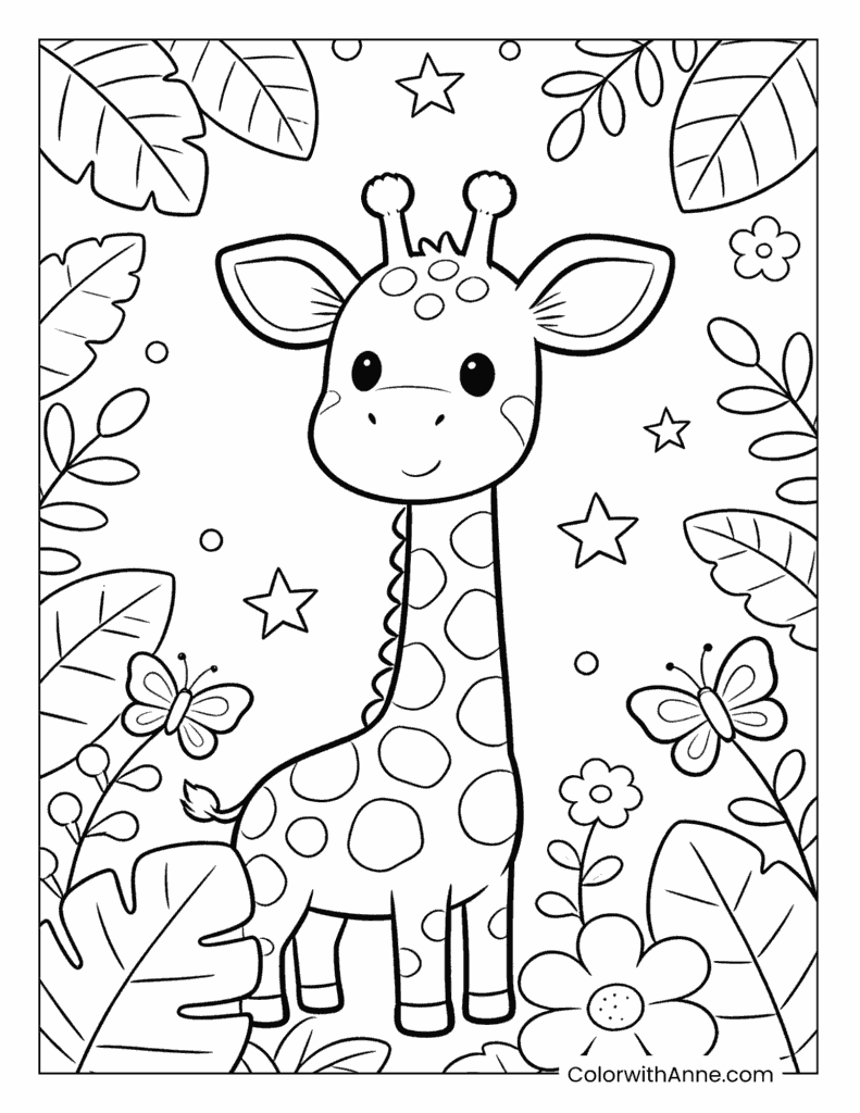 Cute Giraffe in a Garden Coloring Page