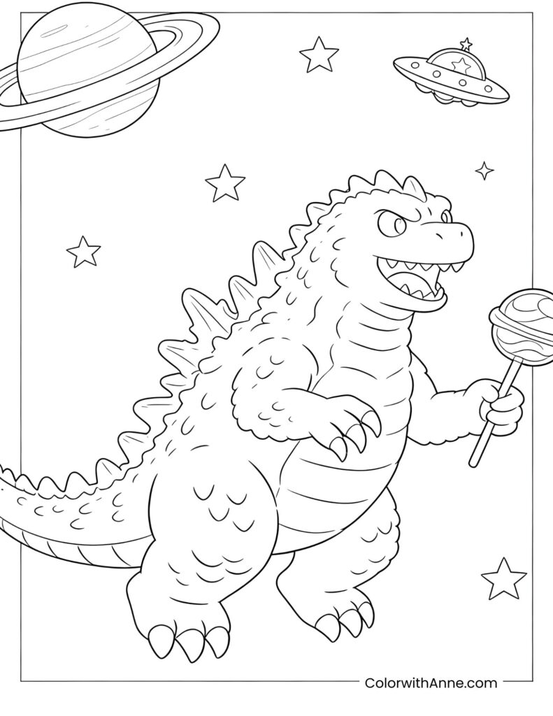 Cute Godzilla with a Planet Lollipop in Space Coloring Page