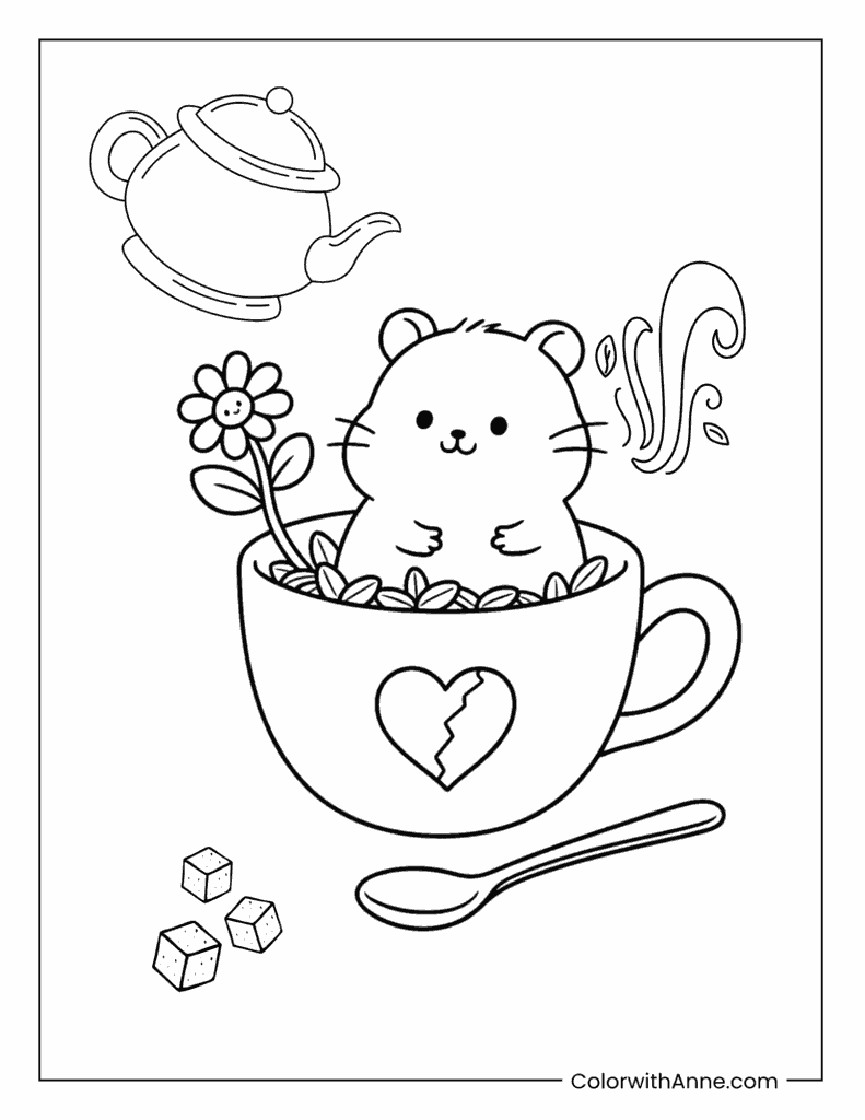 Cute Hamster Sitting in a Teacup Coloring Page