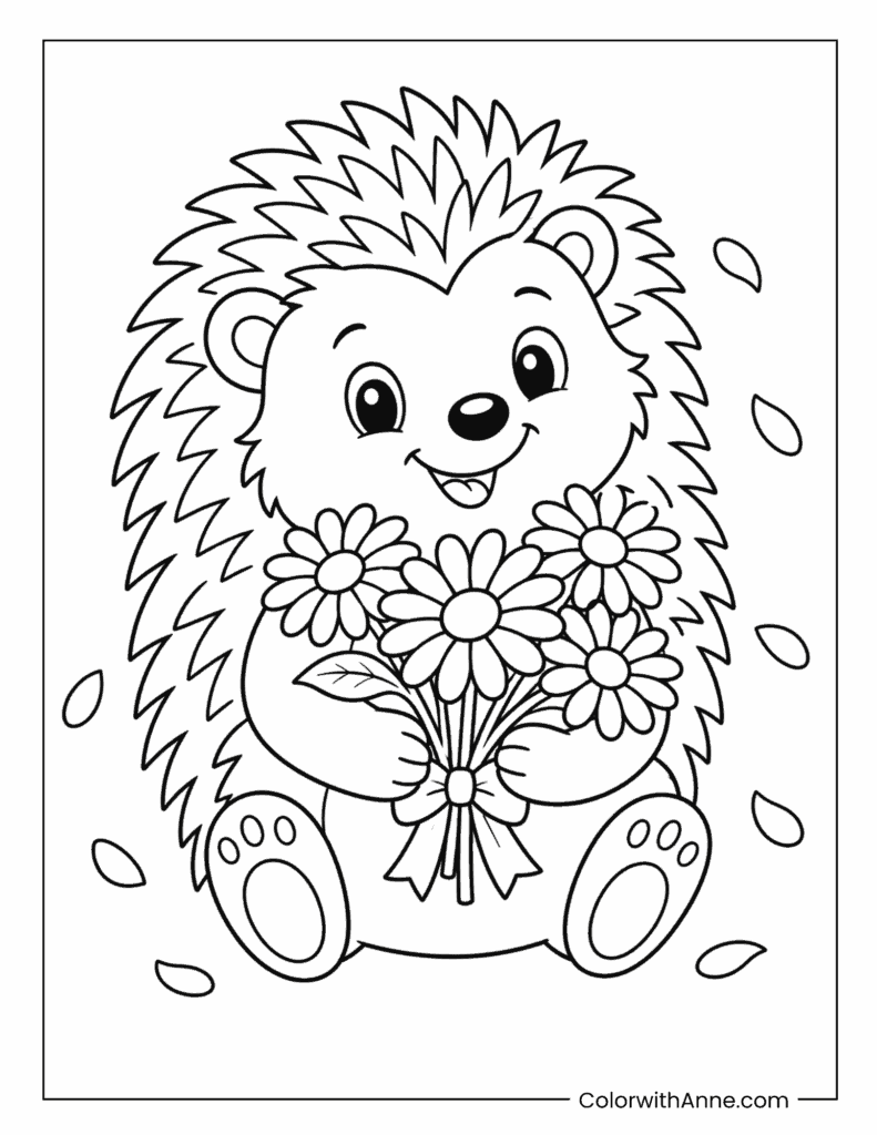 Cute Hedgehog Holding Daisies Coloring Page