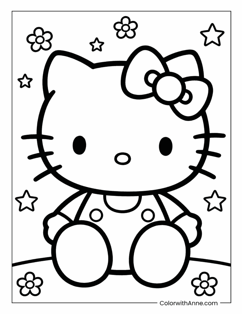Cute Hello Kitty Sitting with Flowers and Stars Coloring Page