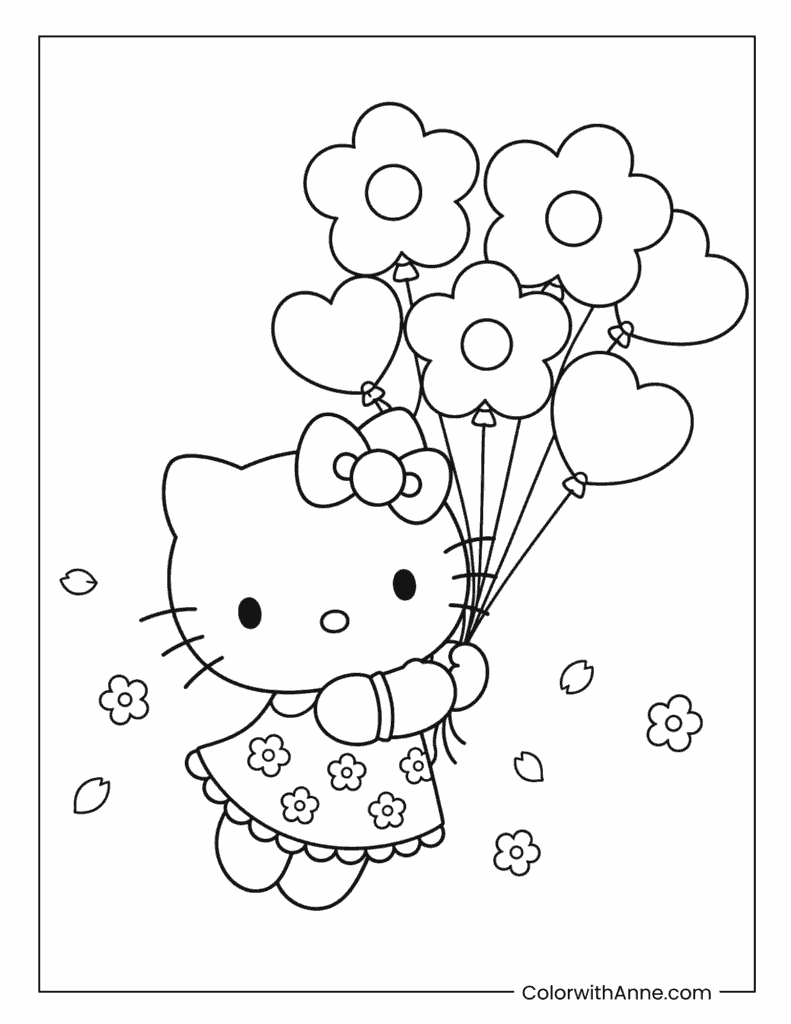Cute Hello Kitty Spring Flower Balloons Coloring Page