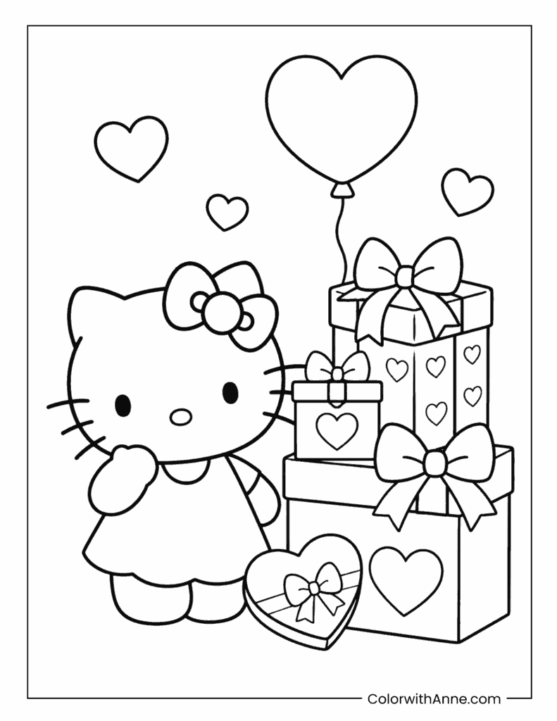 Cute Hello Kitty Valentine Gifts and Heart Balloon Coloring Page