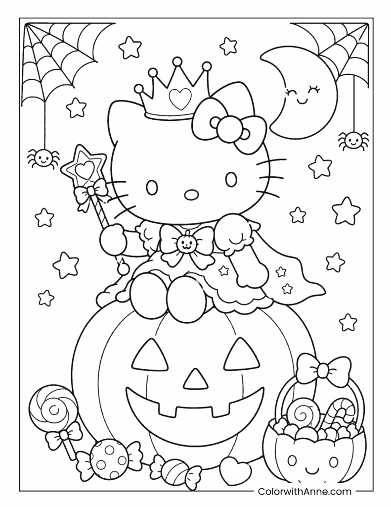 Cute Hello Kitty Witch with Star Wand and Candy Coloring Page