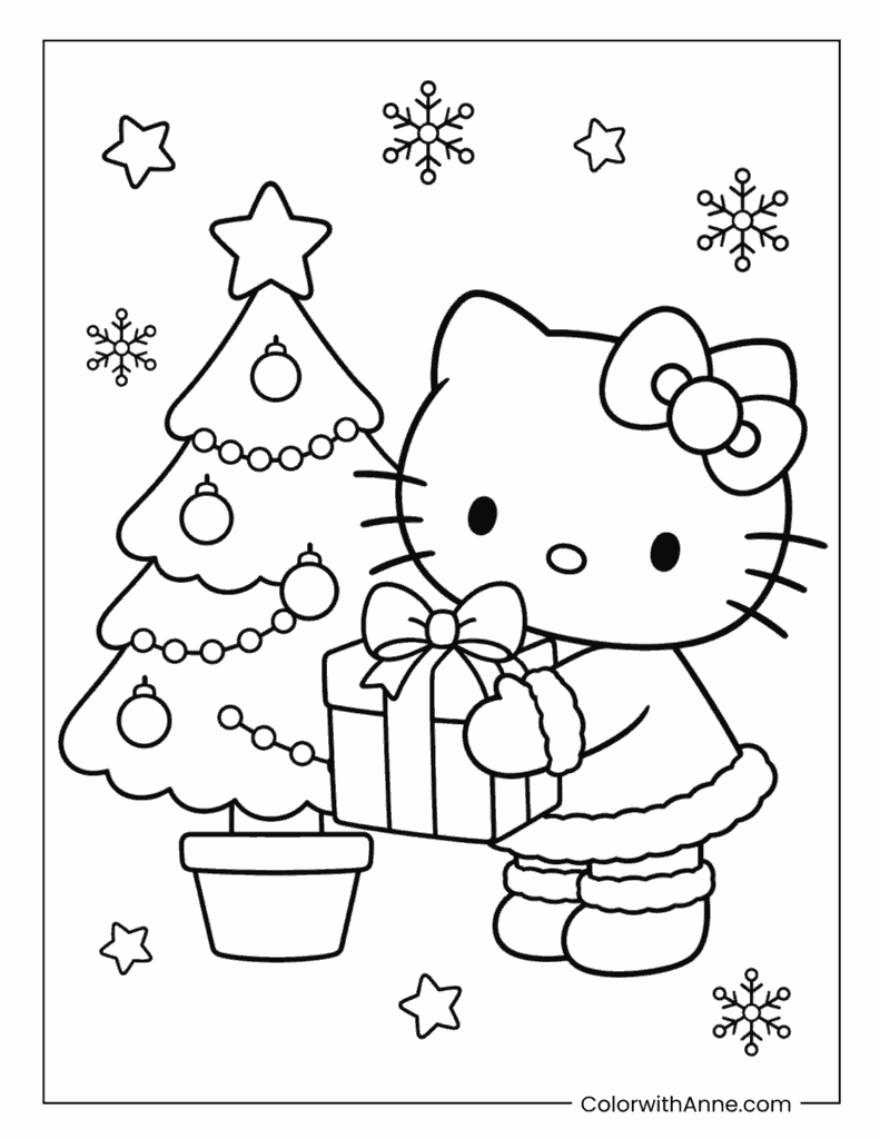 Cute Hello Kitty with Christmas Tree and Gift Coloring Page