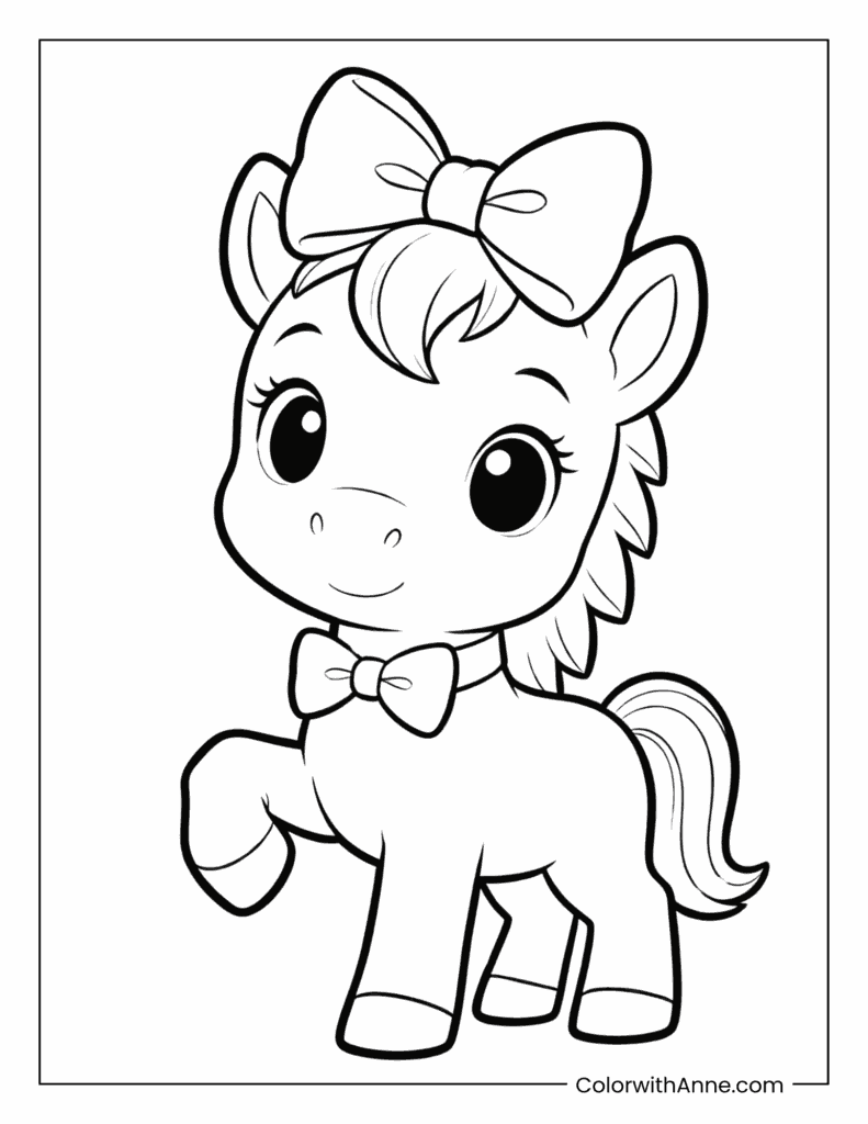 Cute Horse with Bow Tie and Ribbon Coloring Page