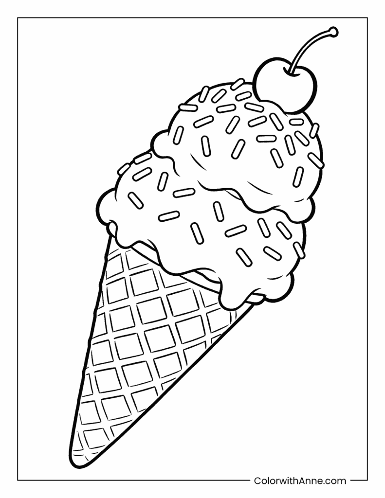 Cute Ice Cream Cone with Sprinkles and Cherry Coloring Page