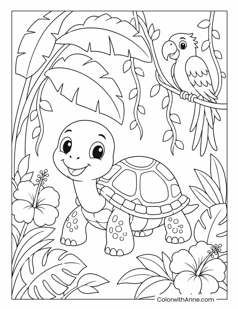 Cute Jungle Turtle with a Parrot Coloring Page