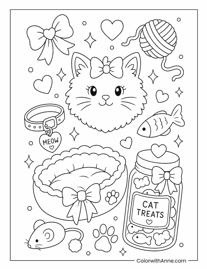 Cute Kitty Kawaii Doodle Coloring Sheet for Kids & Teens