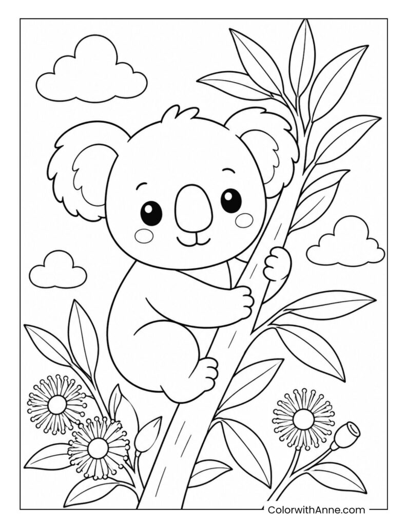 Cute Koala on Tree Coloring Page