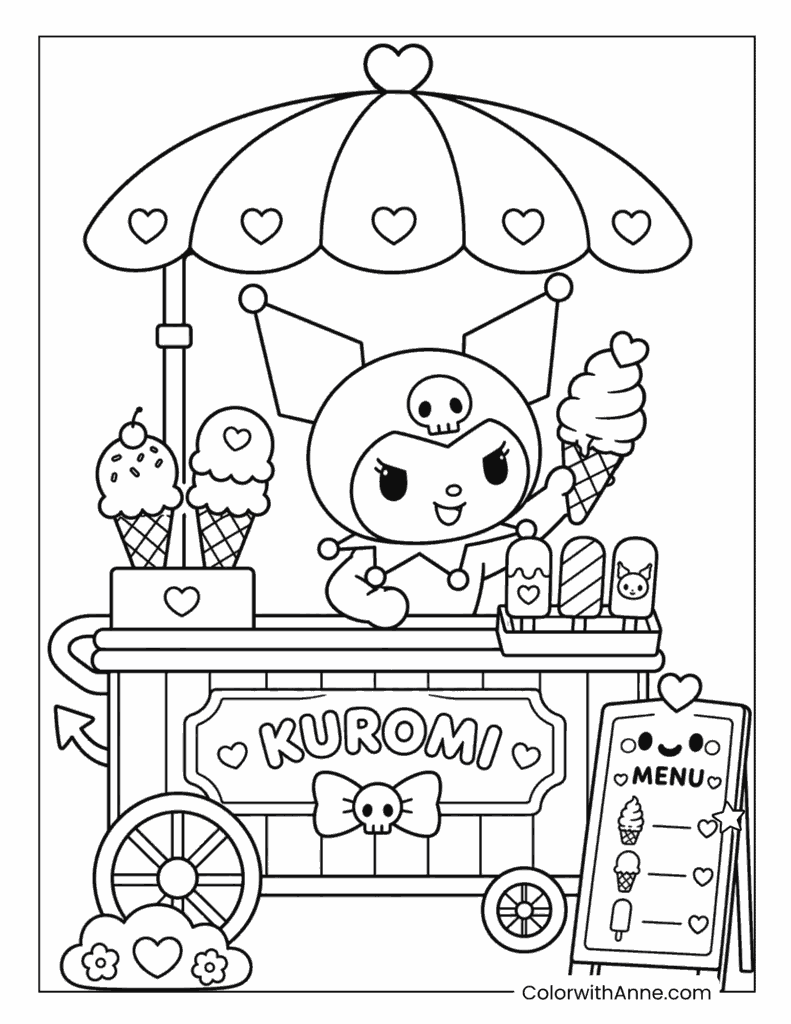 Cute Kuromi’s Ice Cream Cart Coloring Page