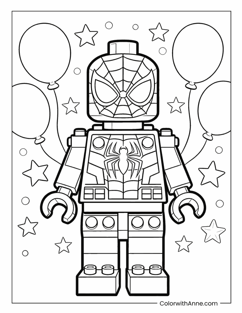 Cute LEGO Spiderman with Stars and Balloons Coloring Page