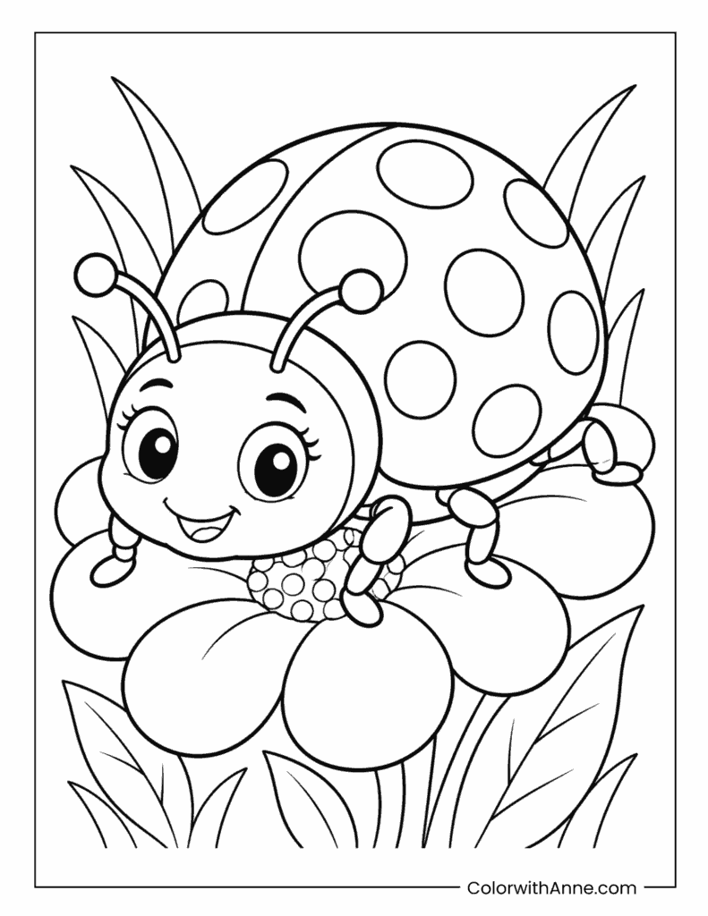 Cute Ladybug Sitting on a Flower Coloring Page
