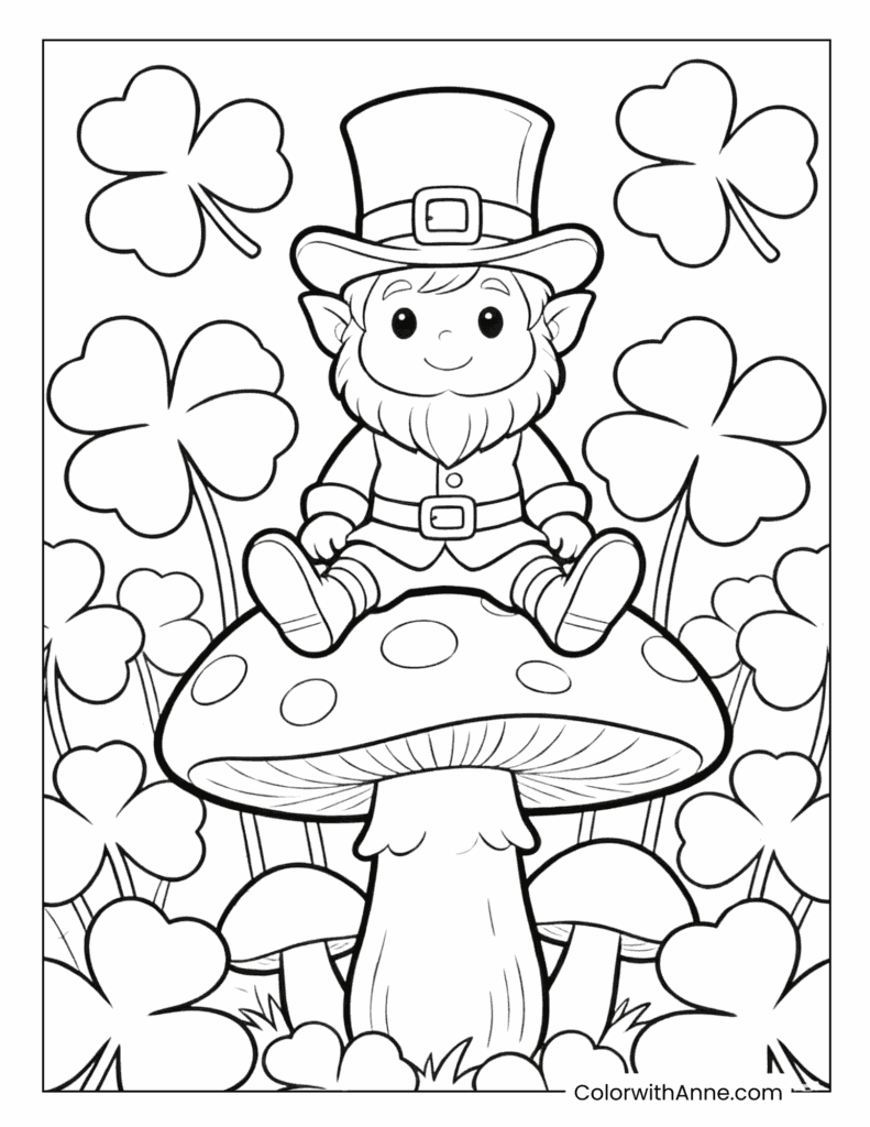 Cute Leprechaun Sitting on a Spotted Mushroom Fantasy Coloring Page