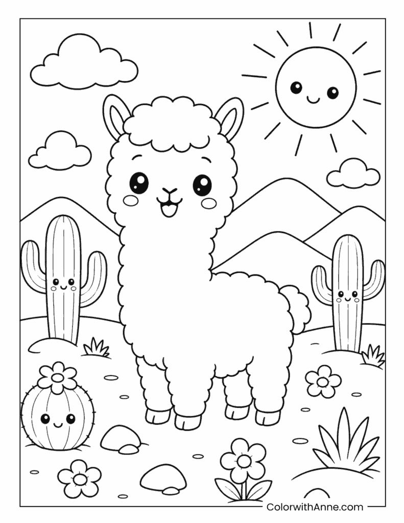 Cute Llama in Desert Coloring Page