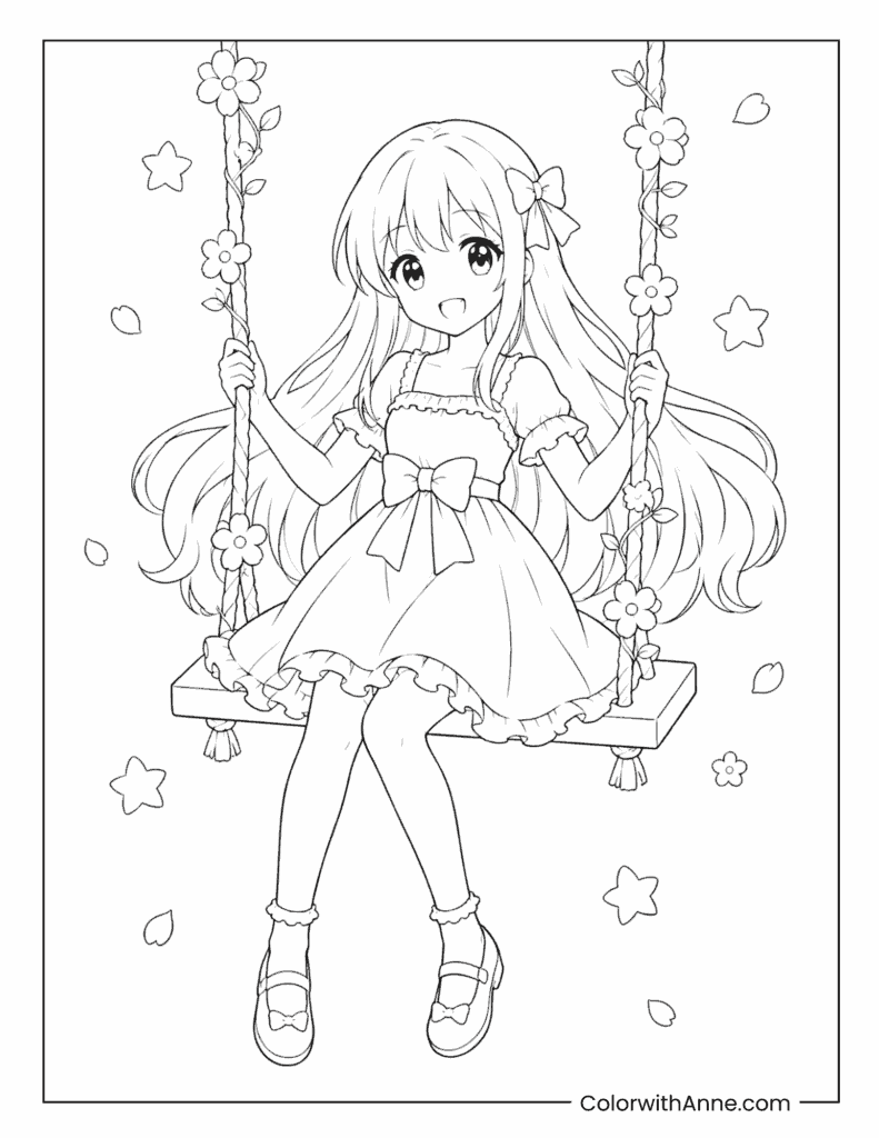 Cute Long Hair Anime Girl on Flower Swing Coloring Page