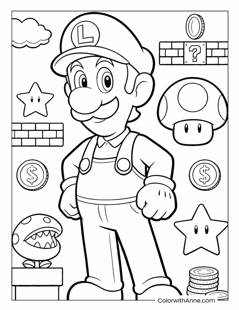 Cute Luigi Coloring Page for Kids