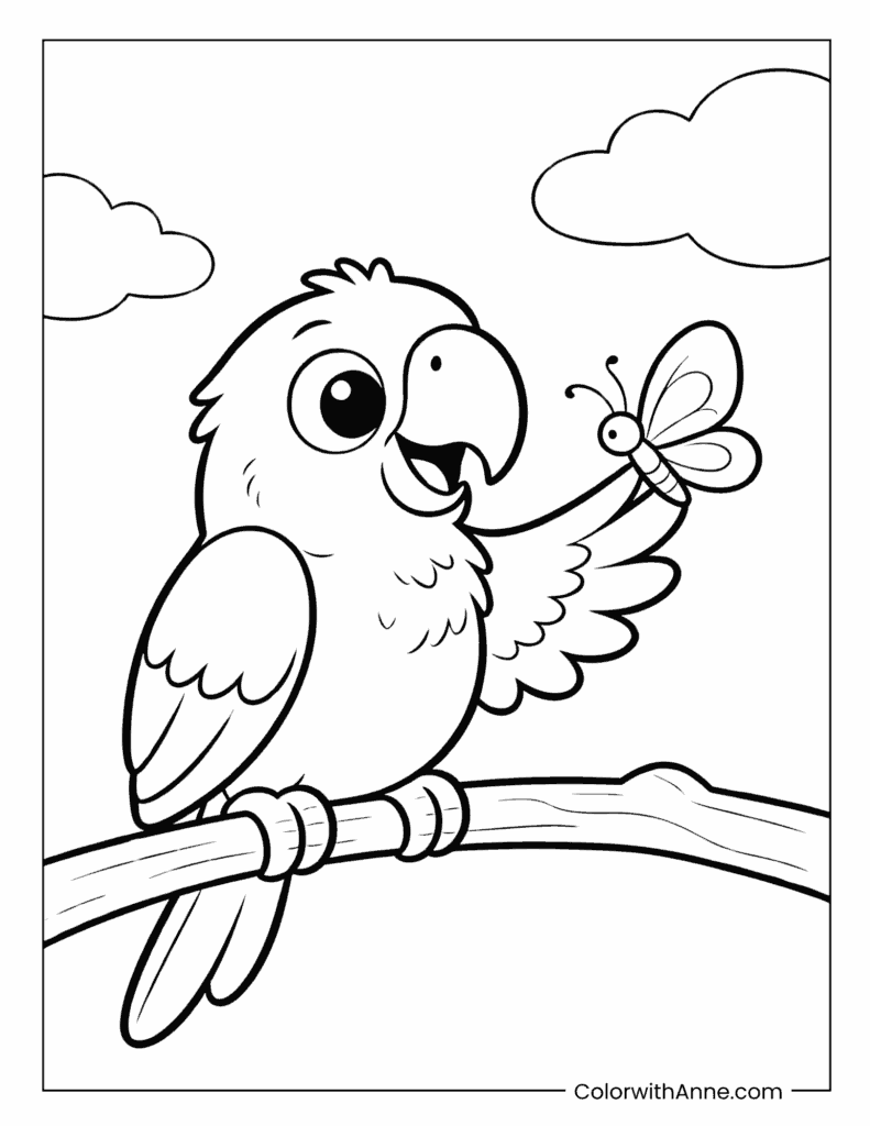 Cute Macaw with Butterfly Coloring Page