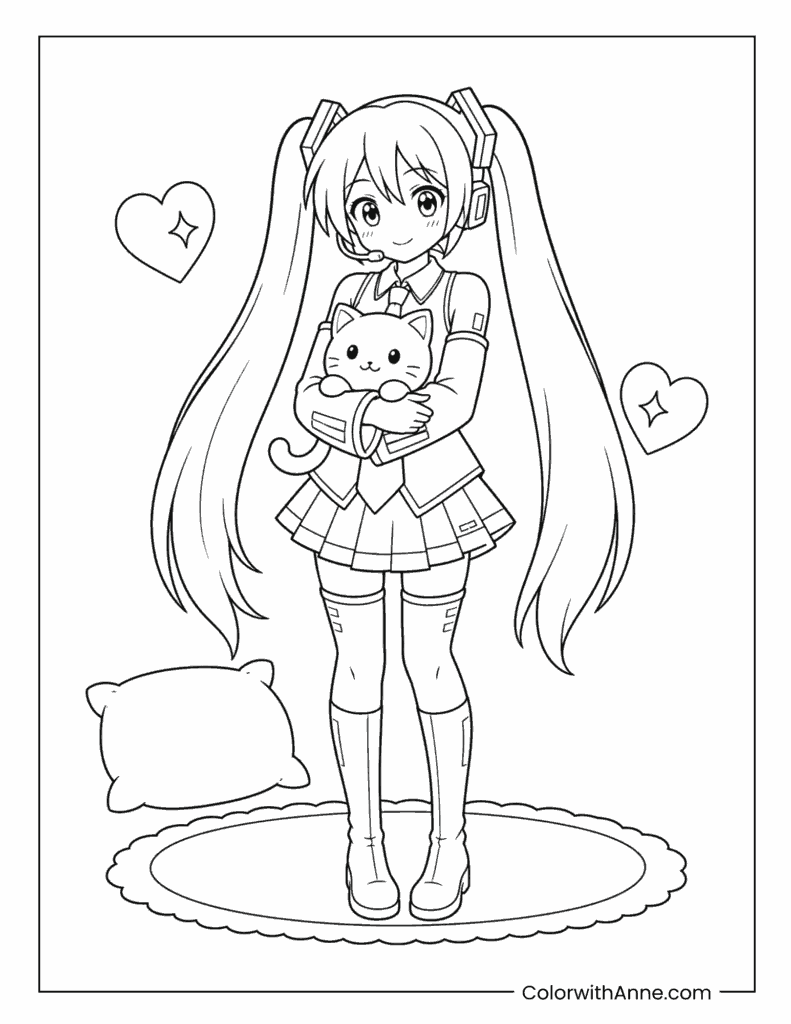 Cute Miku with Kitty Coloring Page