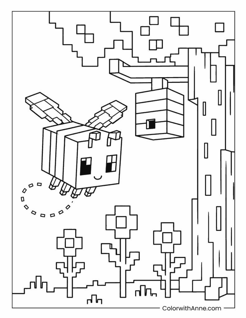 Cute Minecraft Bee Flying Near a Beehive Coloring Page