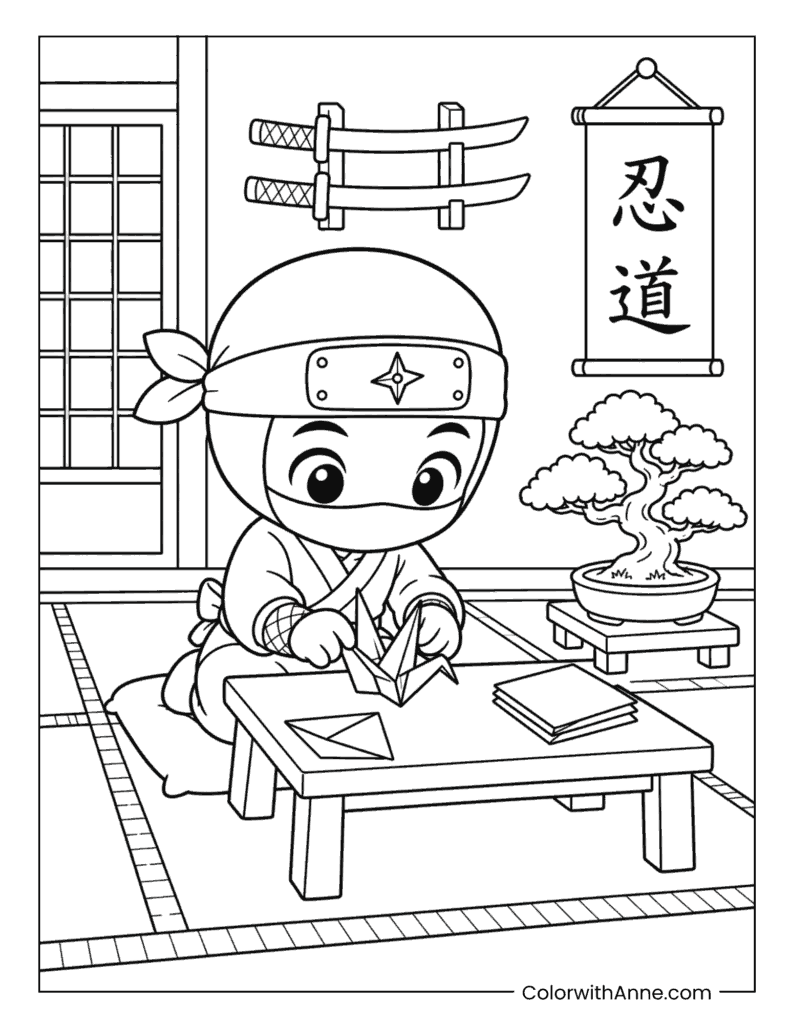 Cute Ninja Folding Origami in a Dojo Coloring Page