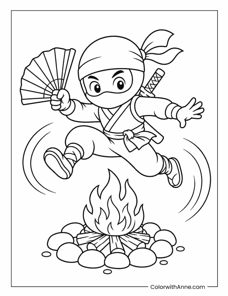 Cute Ninja Jumping Over a Campfire with a Hand Fan Coloring Page