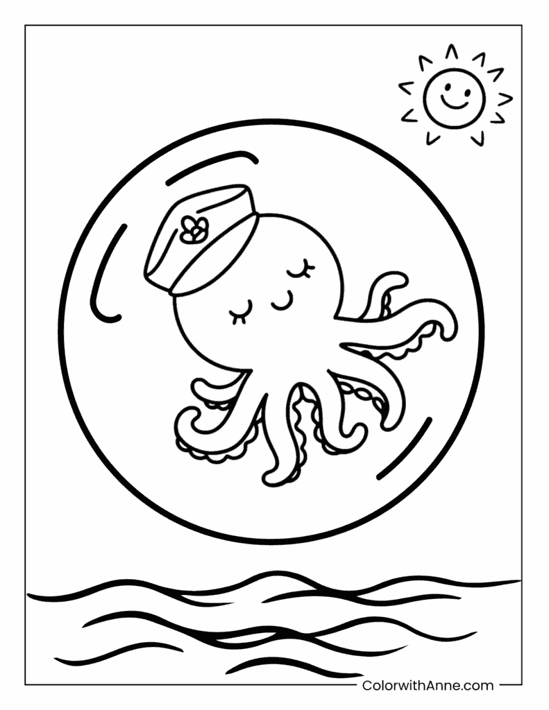 Cute Octopus Wearing a Tiny Sailor Hat Coloring Page
