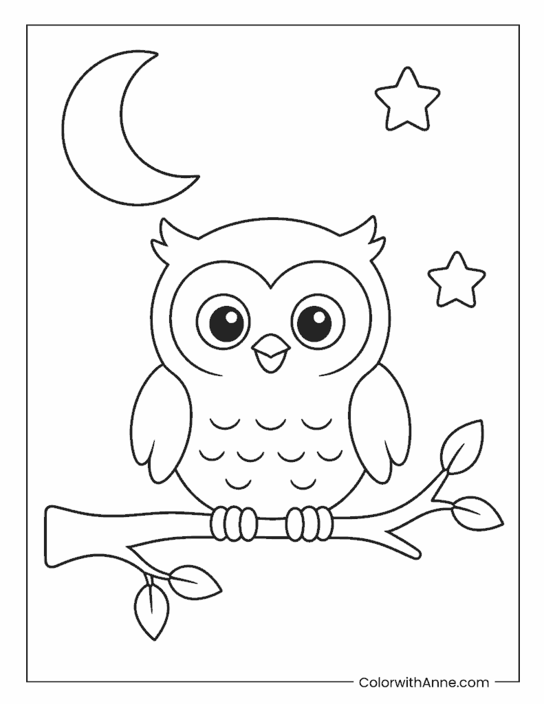 Cute Owl on Branch Coloring Page