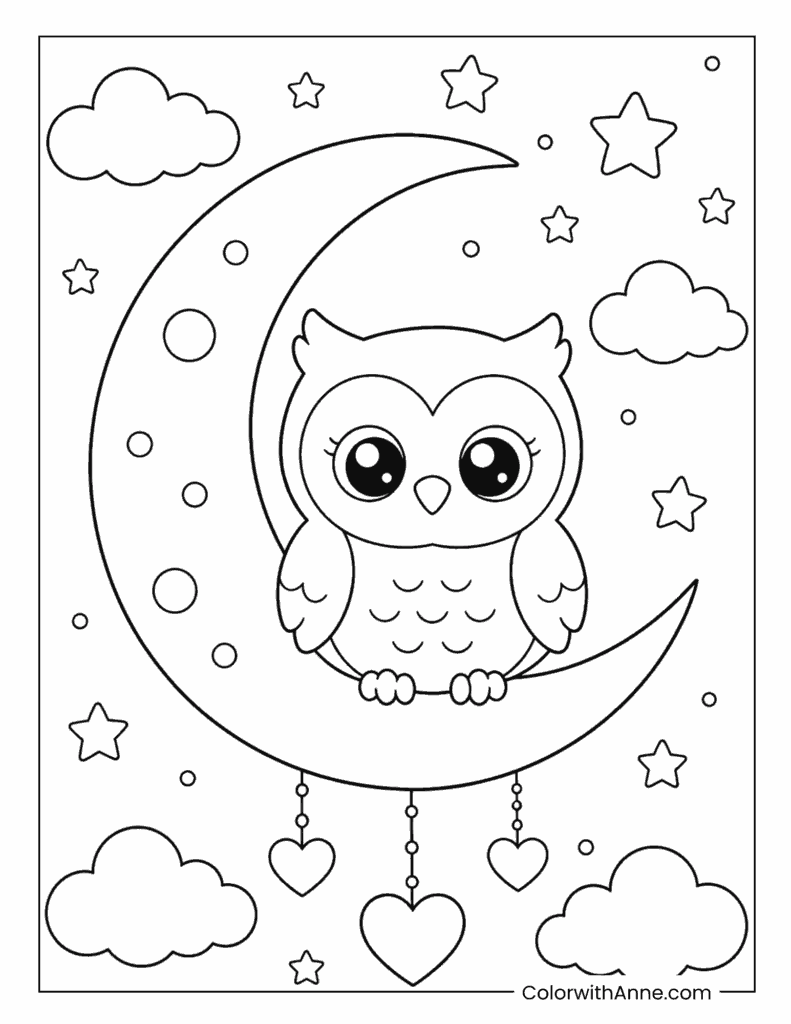 Cute Owl on Moon Coloring Page