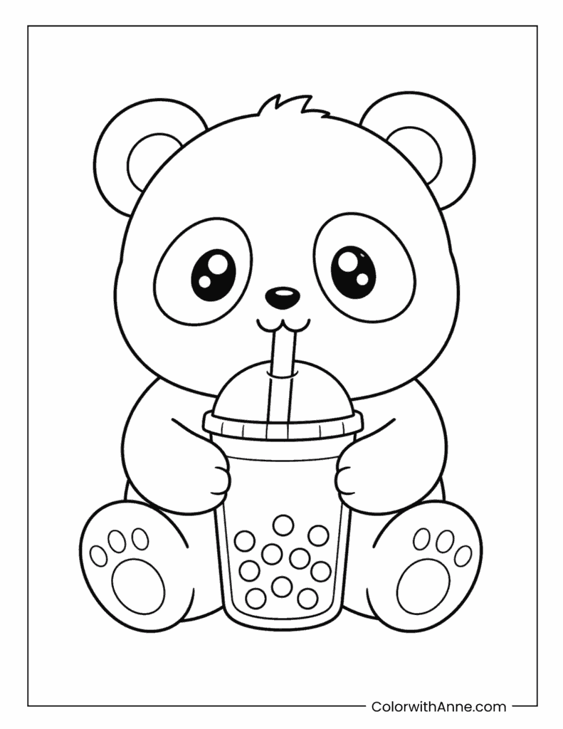 Cute Panda with Boba Coloring Page