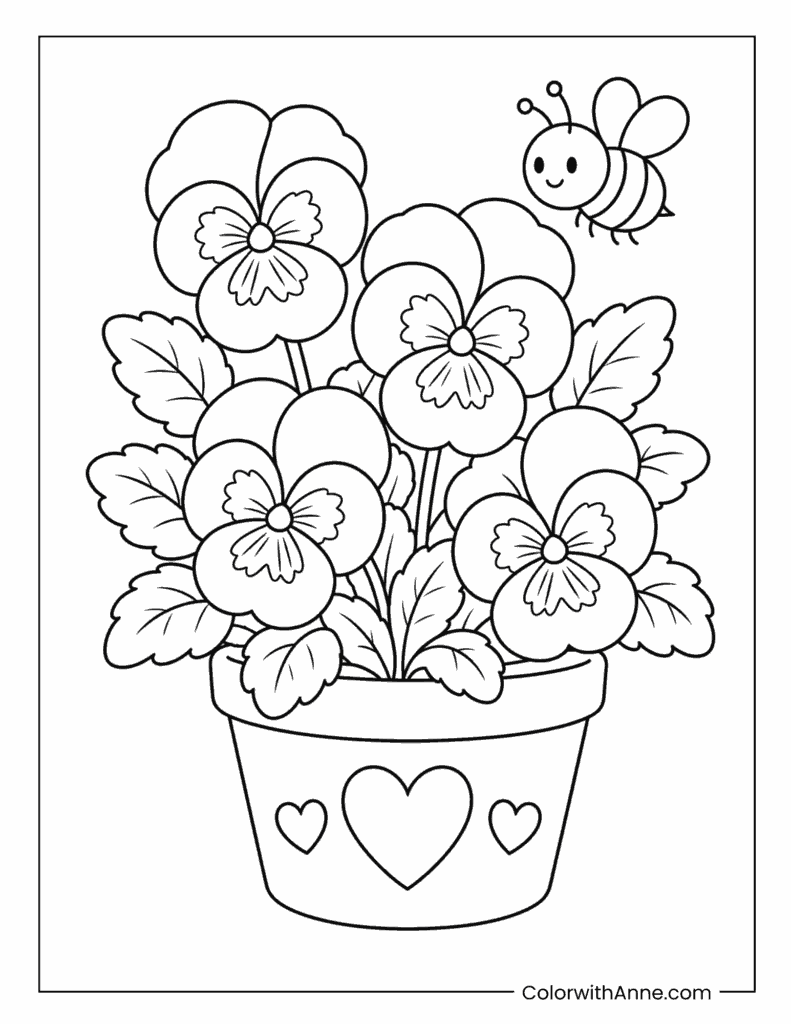 Cute Pansy Flower Pot with Bee Coloring Page