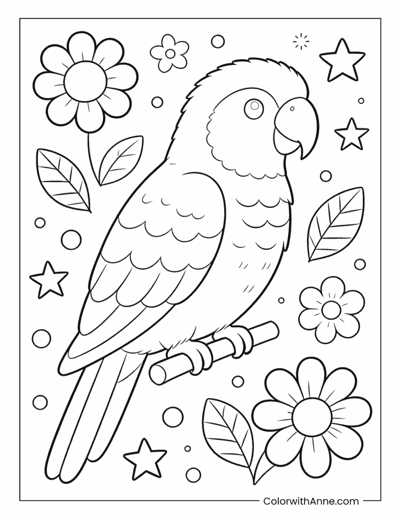 Cute Parrot on Branch with Flowers and Stars Coloring Page
