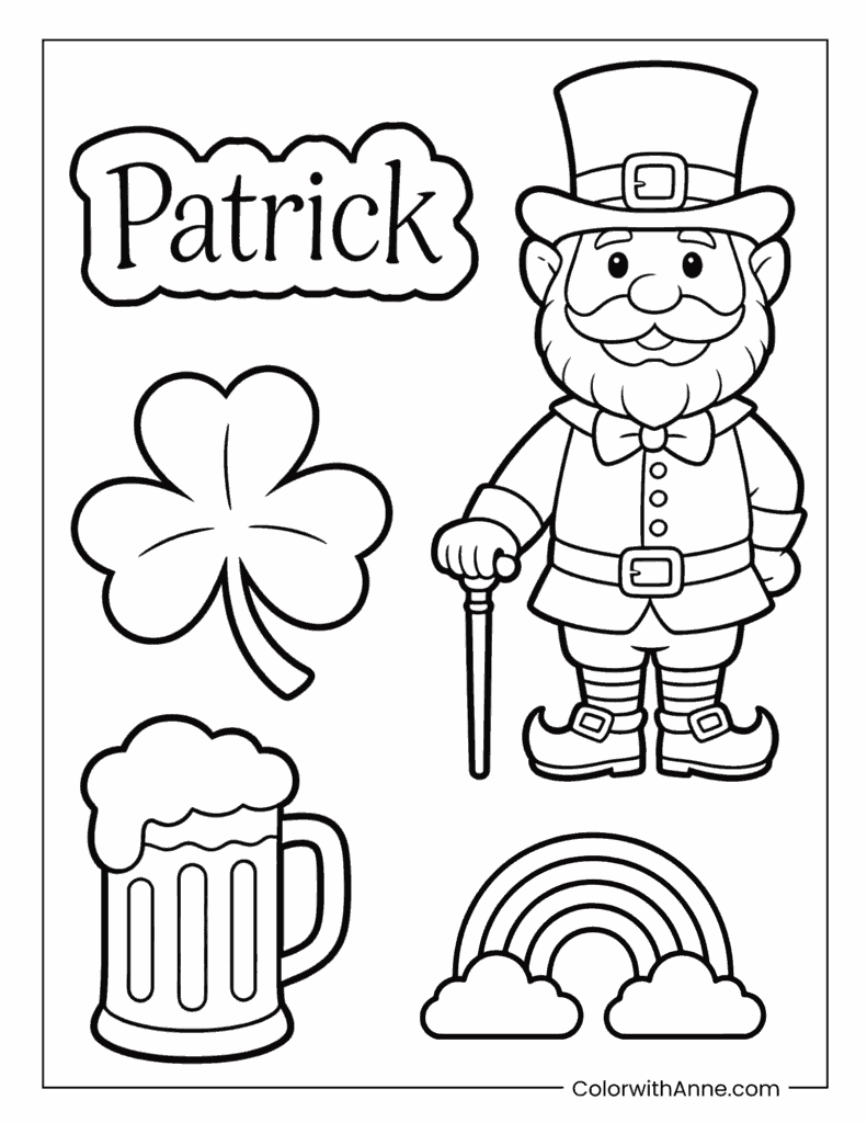Cute Patrick the Leprechaun with Beer and Rainbow Coloring Page
