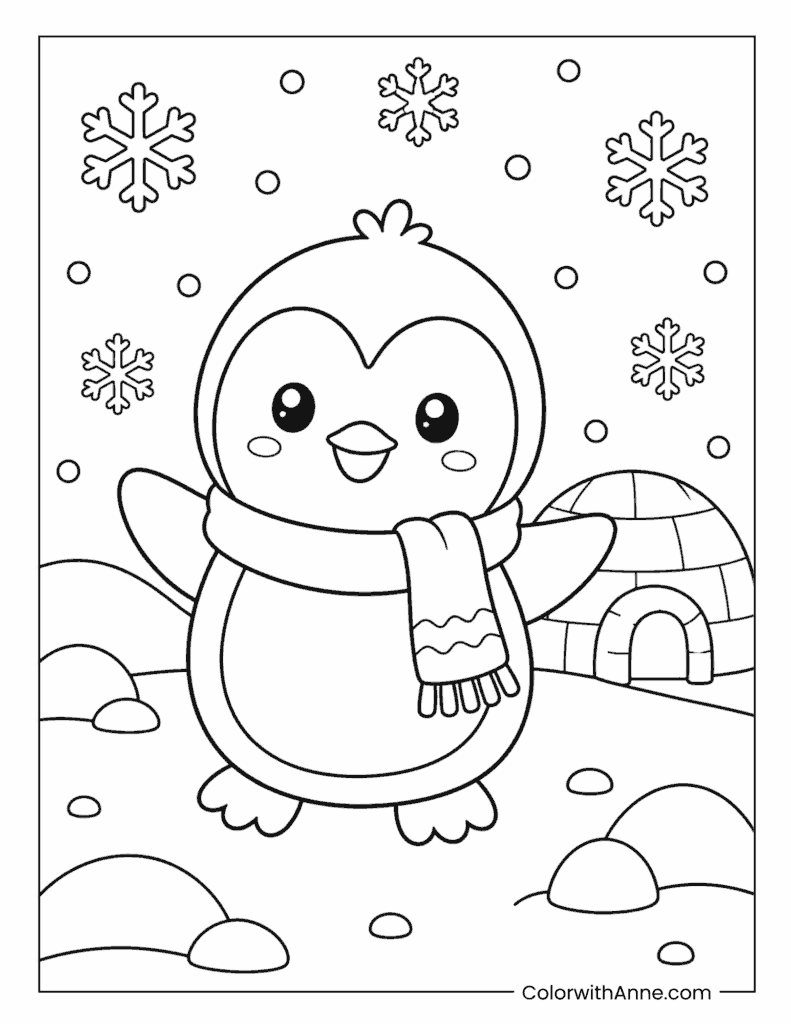 Cute Penguin in Snow Coloring Page