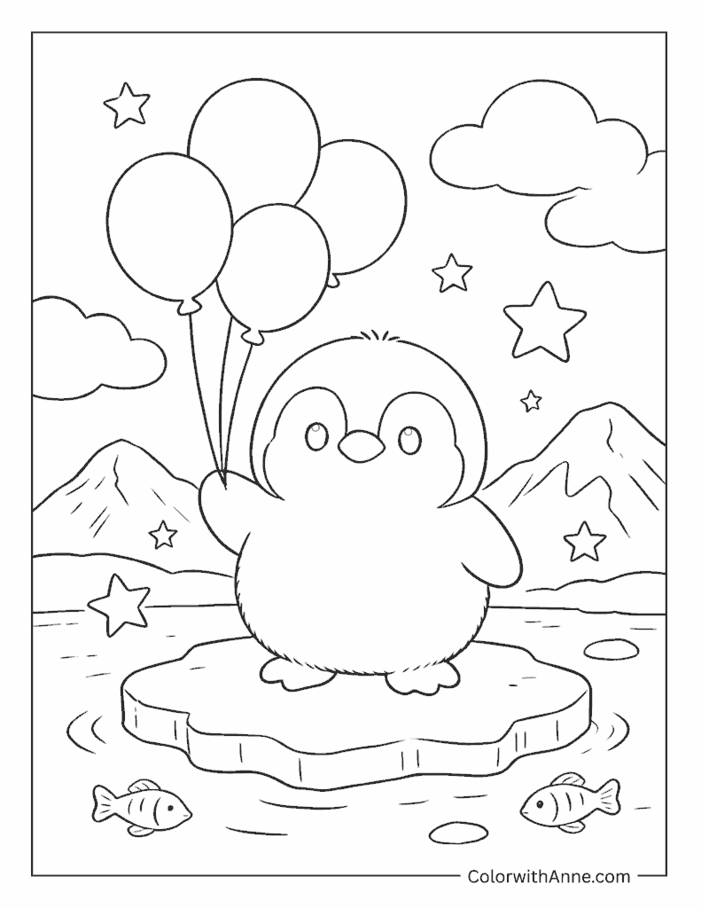 Cute Penguin with Balloons Coloring Page