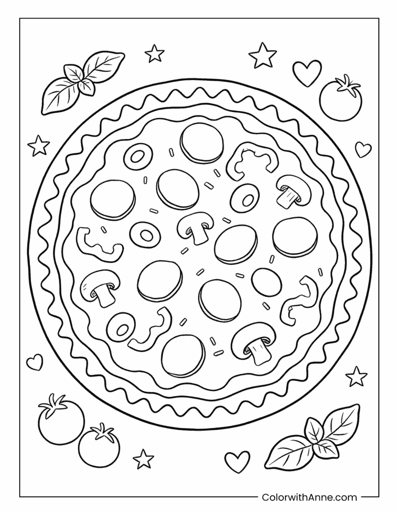 Cute Pizza with Toppings Coloring Page