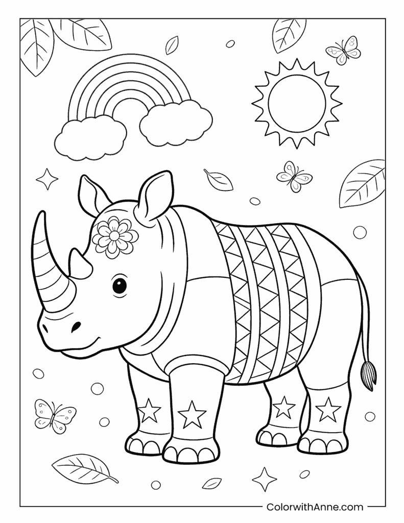 Cute Rhino with Floral Patterns and Rainbow Coloring Page