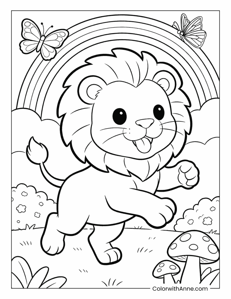 Cute Running Lion with a Rainbow and Butterflies Coloring Page