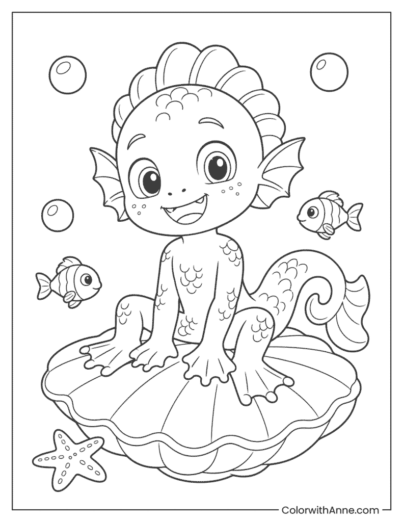 Cute Sea Monster Luca on a Seashell Coloring Page