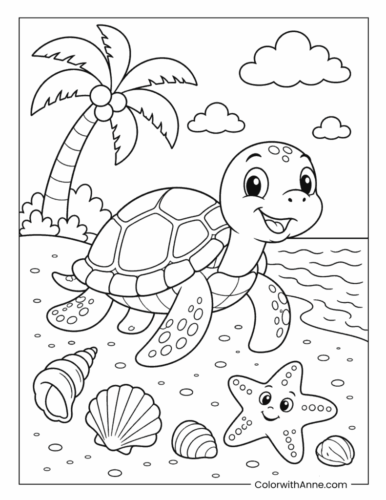 Cute Sea Turtle on the Beach Coloring Page