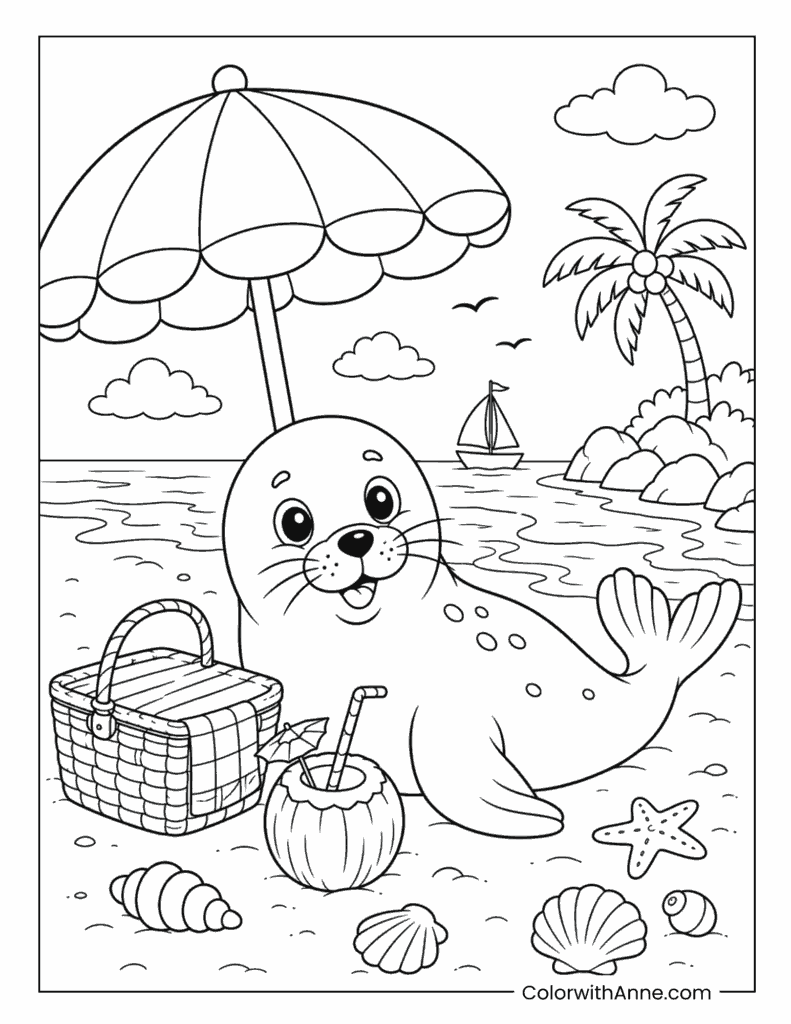 Cute Seal Enjoying a Beach Picnic Under an Umbrella Coloring Page