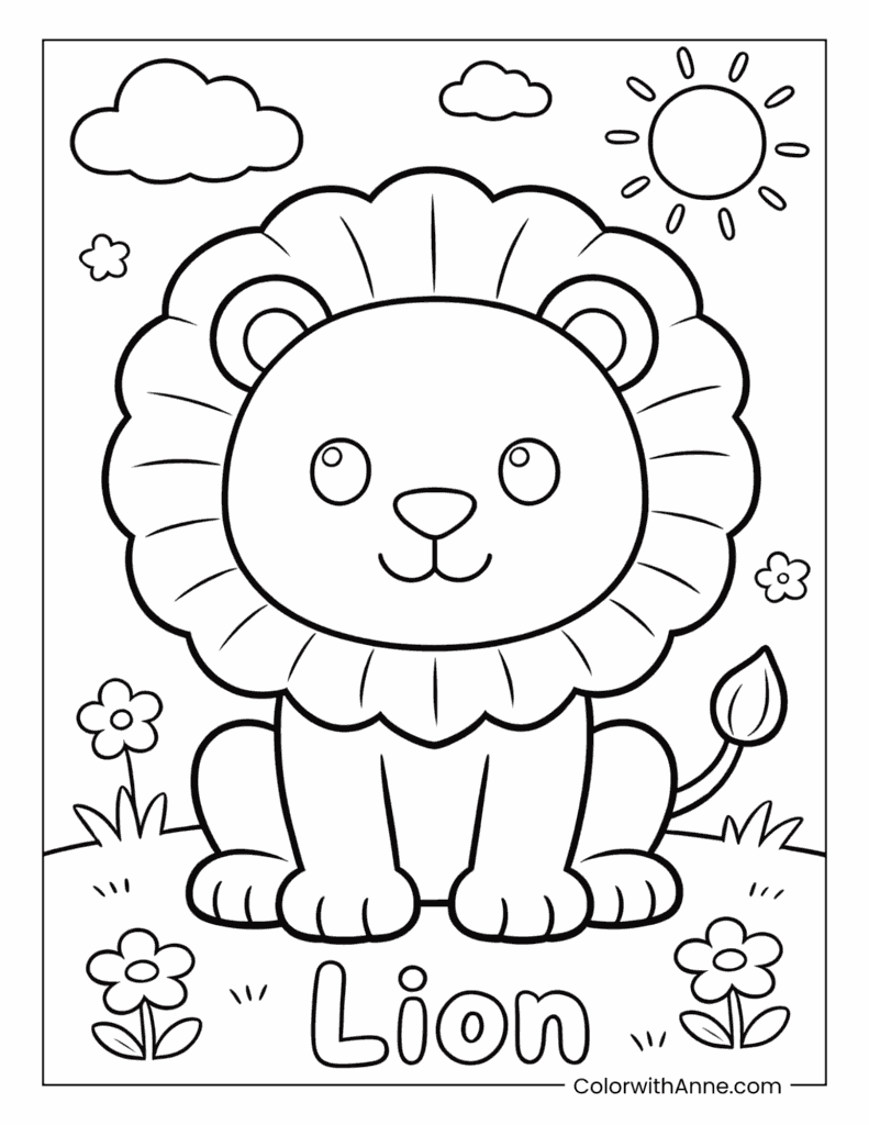 Cute Sitting Lion Coloring Page for Kids