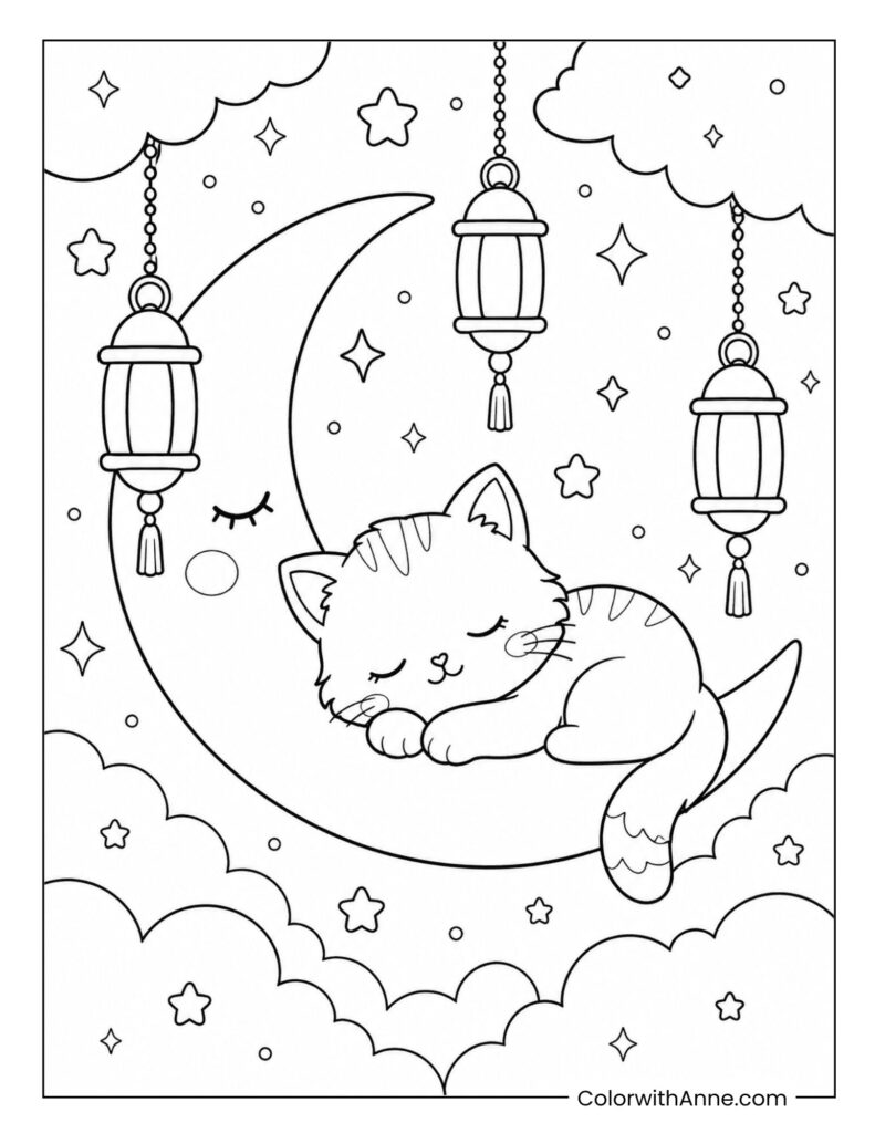 Cute Sleeping Cat on Moon Coloring Page