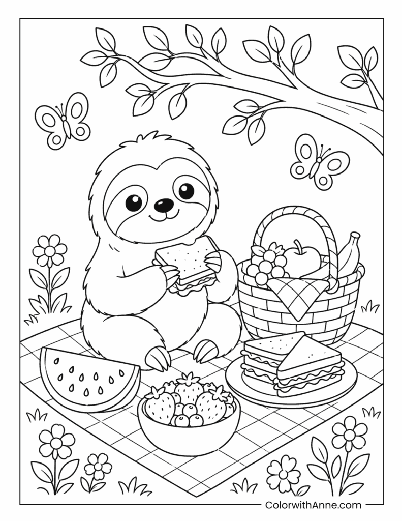 Cute Sloth Enjoying a Picnic in the Garden Coloring Page