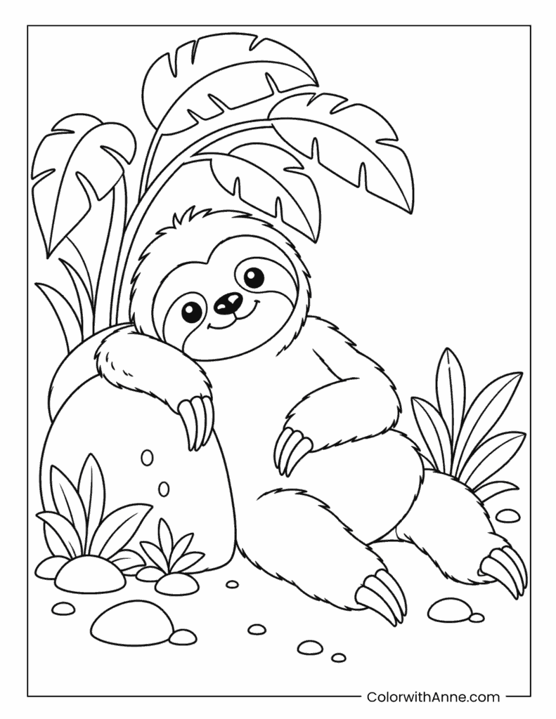 Simple Sloth Relaxing Against a Rock Coloring Page