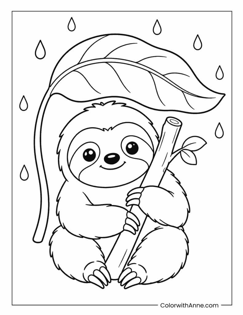Cute Sloth Sheltering Under a Leaf in the Rain Coloring Page